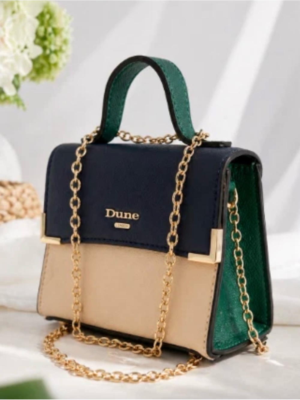 Dune London Mini Handbag Navy Beige Green Crossbody Gold Chain Handle Bag